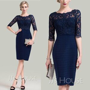 NWT JJ’s House Sheath Lace Sequin Long Sleeve Midi Dress in Dark Navy | 6